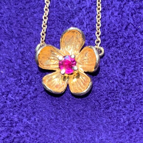 Tiffany & Co.18K Yellow Gold Ruby Flower Pendant & 18" Tiffany Chain